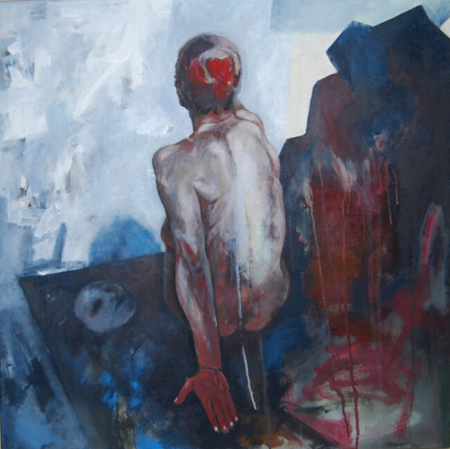 Ewa Mazur-Kojs Gemälde "Ohne Maske"- 70x70 cm - Acrylic auf Leinwand. Das Bild stellt nackte Frau dar in Dunkelen Farben. Es spricht über das schwieriges Thema Deppresion und Traumata.